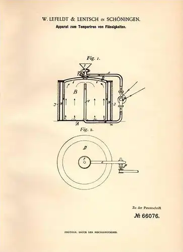 Original Patentschrift - W. Lefeldt & Lentsch in Schöningen , 1891 , Apparat für Flüssigkeiten , Nahrung , Ernährung !!!