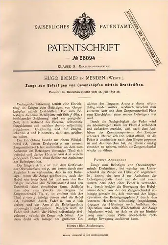 Original Patentschrift - Hugo Bremer in Menden i.W., 1891 , Zange für Knöpfe , Knopf , Bekleidung !!!
