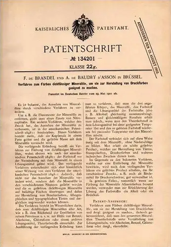 Original Patentschrift - A. de Baudry d`Asson und F. de Brandel , 1901 , Mineralöl für Druckfarbe , Druckerei , Druck !!