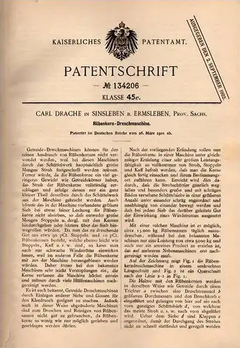 Original Patentschrift - Carl Drache in Sinsleben b. Ermsleben , 1901 , Rübenkern . Dreschmaschine , Landwirtschaft  !!!