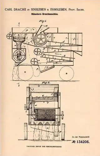 Original Patentschrift - Carl Drache in Sinsleben b. Ermsleben , 1901 , Rübenkern . Dreschmaschine , Landwirtschaft  !!!