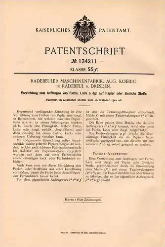 Original Patentschrift -  A. Koebig in Radebeul b. Dresden , 1901 , Farbe und Lack auf Papier  !!!