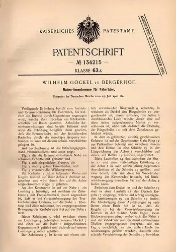 Original Patentschrift - W. Göckel in Bergerhof b. Radevormwald , 1901 , Fahrrad - Nabenbremse , Bremse , Fahrräder !!!