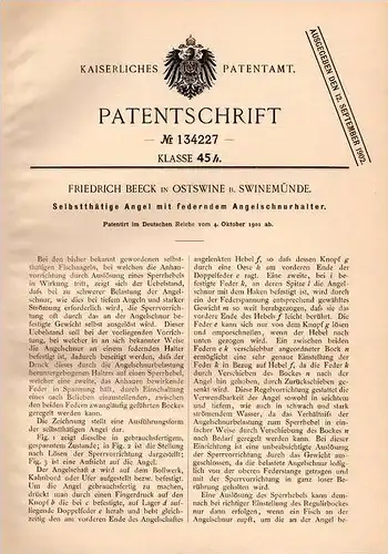 Original Patentschrift - F. Beeck in Ostswine b. Swinemünde , 1901 , selbsttätige Angel , Angler , Fisch , Hochseeangeln