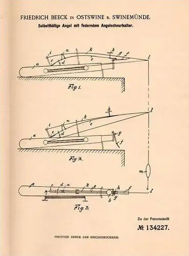 Original Patentschrift - F. Beeck in Ostswine b. Swinemünde , 1901 , selbsttätige Angel , Angler , Fisch , Hochseeangeln