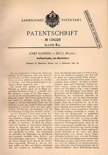 Original Patentschrift - J. Schmerl in Brüx / Most , 1901 , Pflug für Malz , Landwirtschaft , Agrar !!