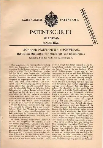 Original Patentschrift -L. Pfaffenritter in Schweinau - Nürnberg ,1902, Zähler für Tiegeldruck - Presse , Elektrotechnik