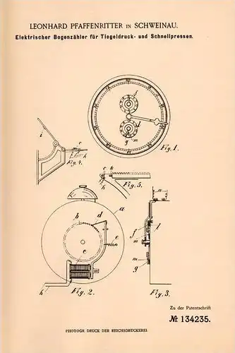 Original Patentschrift -L. Pfaffenritter in Schweinau - Nürnberg ,1902, Zähler für Tiegeldruck - Presse , Elektrotechnik