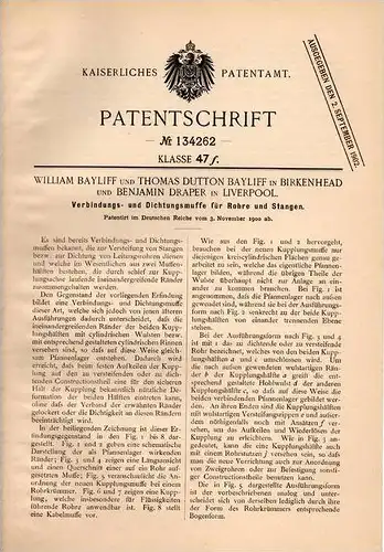 Original Patentschrift - W. Bayliff und B. Draper in Birkenhead und Liverpool , 1900 , seal for cables and pipes !!!