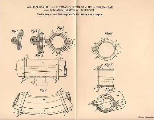 Original Patentschrift - W. Bayliff und B. Draper in Birkenhead und Liverpool , 1900 , seal for cables and pipes !!!