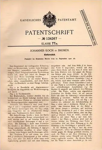 Original Patentschrift - J. Koch in Bremen , 1901 , Kletterschuh für Telegraphen , Telegraphenmast , Klettern !!!