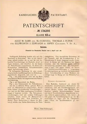 Original Patentschrift - A. Sams und T. Flynn in Aspen , Colorado , 1901 , wheel hub , wheels , spokes !!!