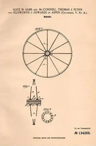 Original Patentschrift - A. Sams und T. Flynn in Aspen , Colorado , 1901 , wheel hub , wheels , spokes !!!