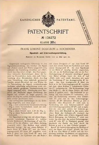 Original Patentschrift - F. Dodgson in Rochester , 1901 , signal apparatus for railroad , train !!!