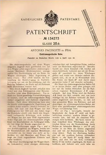 Original Patentschrift - A. Pacinotti in Pisa , 1901 , elettromagnetica ferrovia, tram, treno !!!