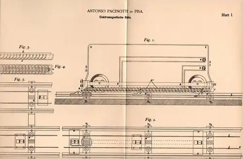 Original Patentschrift - A. Pacinotti in Pisa , 1901 , elettromagnetica ferrovia, tram, treno !!!