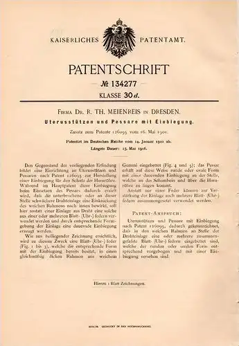 Original Patentschrift - Dr. Meienreis in Dresden , 1902 , Pessar , Uterus - Stütze , Harnröhre , Frauenarzt , Arzt