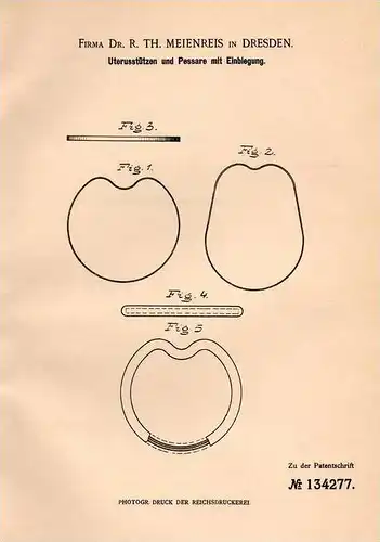 Original Patentschrift - Dr. Meienreis in Dresden , 1902 , Pessar , Uterus - Stütze , Harnröhre , Frauenarzt , Arzt