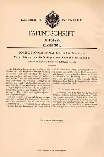 Original Patentschrift - L. Mangelsen in UK , Schleswig , 1900 , Kranzbefestigung für Sarg , Bestatter , Friedhof , Tod