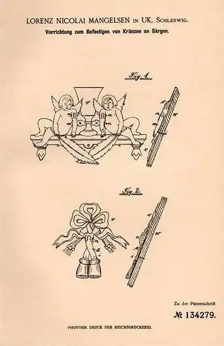 Original Patentschrift - L. Mangelsen in UK , Schleswig , 1900 , Kranzbefestigung für Sarg , Bestatter , Friedhof , Tod