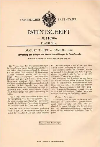 Original Patentschrift - A. Thiede in Sandau a. Elbe , 1900 , Apparat für Dampfkessel , Dampfmaschine !!!