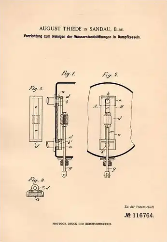 Original Patentschrift - A. Thiede in Sandau a. Elbe , 1900 , Apparat für Dampfkessel , Dampfmaschine !!!