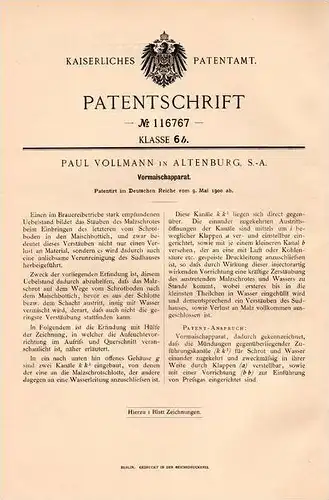 Original Patentschrift - P. Vollmann in Altenburg S.-A., 1900 , Maischapparat für Brauerei , Bier , Brauen , Alkohol !!!