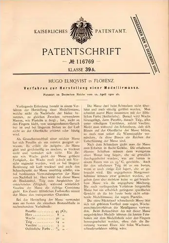 Original Patentschrift - H. Elmqvist in Florenz / Firenze , 1900 , Madelliermasse , Modell , Modellbau , Plastelin !!!