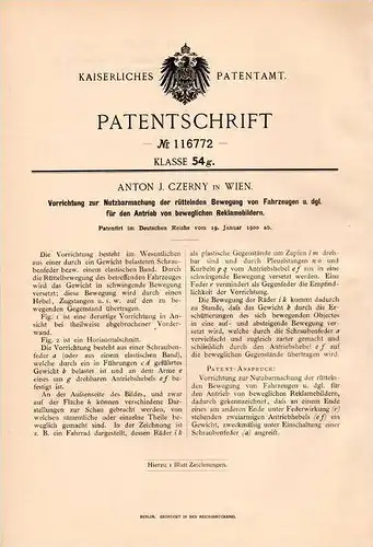 Original Patentschrift - A.J. Czerny in Wien , 1900 , Antrieb für Reklamebilder , Schaufenster - Reklame , Fahrrad !!!