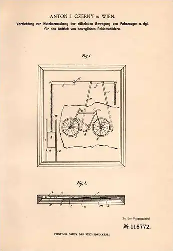 Original Patentschrift - A.J. Czerny in Wien , 1900 , Antrieb für Reklamebilder , Schaufenster - Reklame , Fahrrad !!!