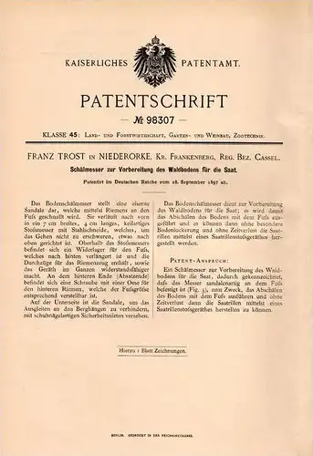 Original Patentschrift - F. Trost in Niederorke b. Vöhl ,1897 , Messer für Waldboden , Saat , Wald , Forst , Frankenberg