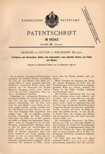 Original Patentschrift - G. de Geyter in Mouscron , 1896 , Gerben von Fell und Haut , Gerberei , Felle !!!