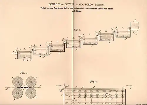 Original Patentschrift - G. de Geyter in Mouscron , 1896 , Gerben von Fell und Haut , Gerberei , Felle !!!