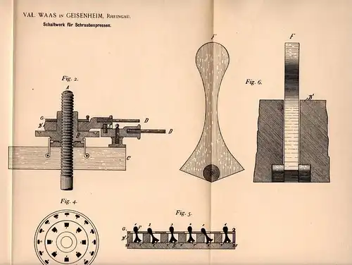 Original Patentschrift - V. Waas in Geisenheim , Rheingau , 1897 , Schaltwerk für Presse , Wein , Obst !!!