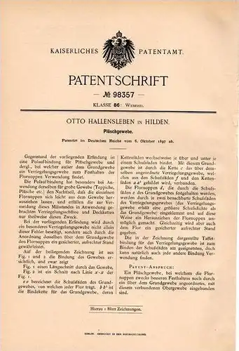 Original Patentschrift -  O. Hallensleben in Hilden , 1897 , Plüschgewebe , Weberei , Teppich , Plüsch , Weber !!!