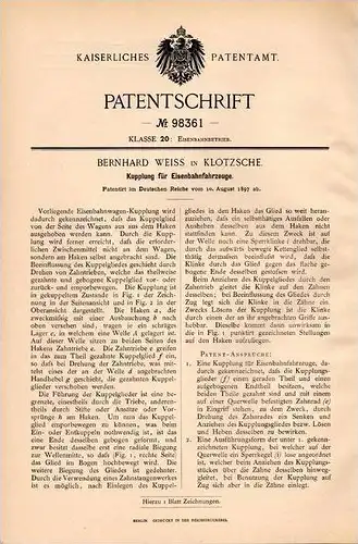 Original Patentschrift - B. Weiss in Klotzsche b. Dresden , 1897 , Kupplung für Eisenbahn  !!!