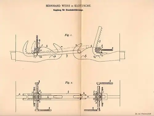 Original Patentschrift - B. Weiss in Klotzsche b. Dresden , 1897 , Kupplung für Eisenbahn  !!!