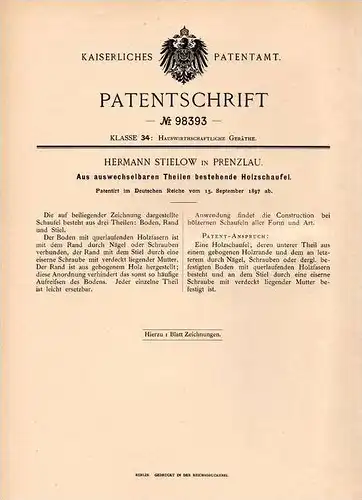 Original Patentschrift - H. Stielow in Prenzlau , 1897 , Holzschaufe aus mehreren Teilen , Schaufel , Bau , Spaten !!!