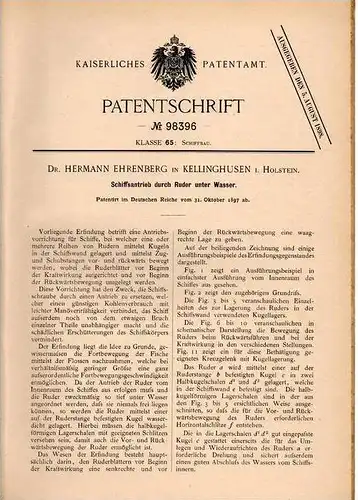 Original Patentschrift - Dr. H. Ehrenberg in Kellinghusen i. Holstein , 1897 , Schiffsantrieb , Schiff , Schiffbau !!!
