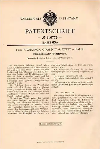 Original Patentschrift - F. Charron , Girardot & Voigt in Paris , 1900 , Reservoire pour automobile !!!