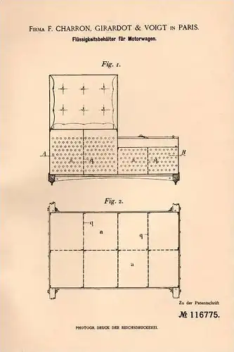 Original Patentschrift - F. Charron , Girardot & Voigt in Paris , 1900 , Reservoire pour automobile !!!