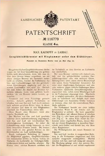 Original Patentschrift - M. Kaempff in Labiau i. Ostpreussen , 1899 , Gasglühlichtbrenner , Lampe , Brenner !!!