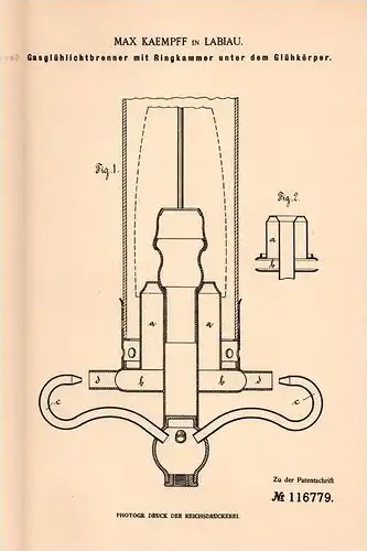 Original Patentschrift - M. Kaempff in Labiau i. Ostpreussen , 1899 , Gasglühlichtbrenner , Lampe , Brenner !!!