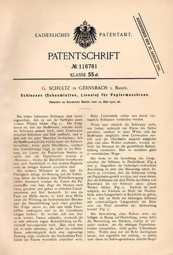 Original Patentschrift - G. Schultz in Gernsbach b. Rastatt , 1900 , Schleuse für Papiermaschine , Papier !!!