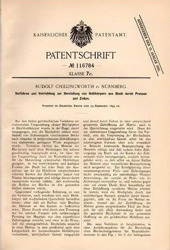 Original Patentschrift - Rudolf Chillingworth in Nürnberg , 1899 , Herstellung von Blech - Hohlkörpern , Münzen , Münze