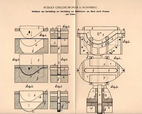 Original Patentschrift - Rudolf Chillingworth in Nürnberg , 1899 , Herstellung von Blech - Hohlkörpern , Münzen , Münze