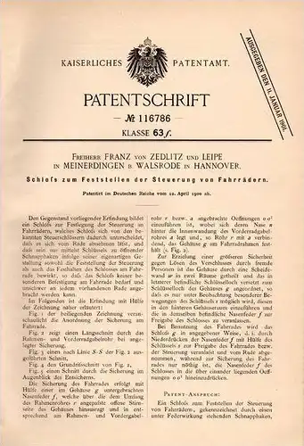 Original Patentschrift - Freiherr Franz von Zedlitz und Leipe in Meinerdingen b. Walsrode , 1900 , Schloß für Fahrrad !!