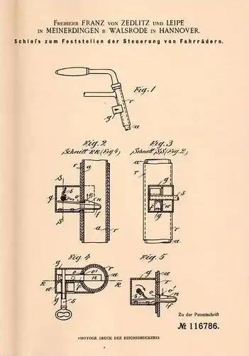 Original Patentschrift - Freiherr Franz von Zedlitz und Leipe in Meinerdingen b. Walsrode , 1900 , Schloß für Fahrrad !!