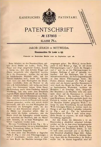 Original Patentschrift -  J. Leilich in Mittweida i.S., 1901 , Stanzmaschine für Leder , Tuch , Filz , Stanze !!!