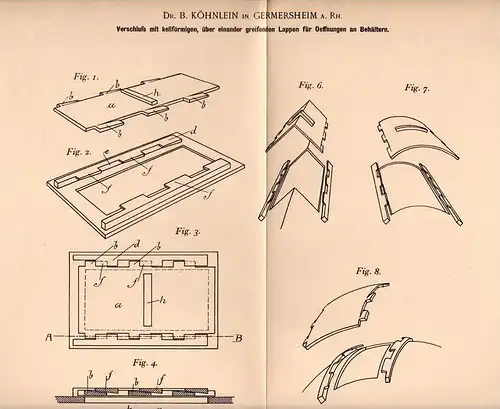 Original Patentschrift - Dr. B. Köhnlein in Germersheim a. Rh., 1901 , Verschluß für Behälter , Deckel !!!